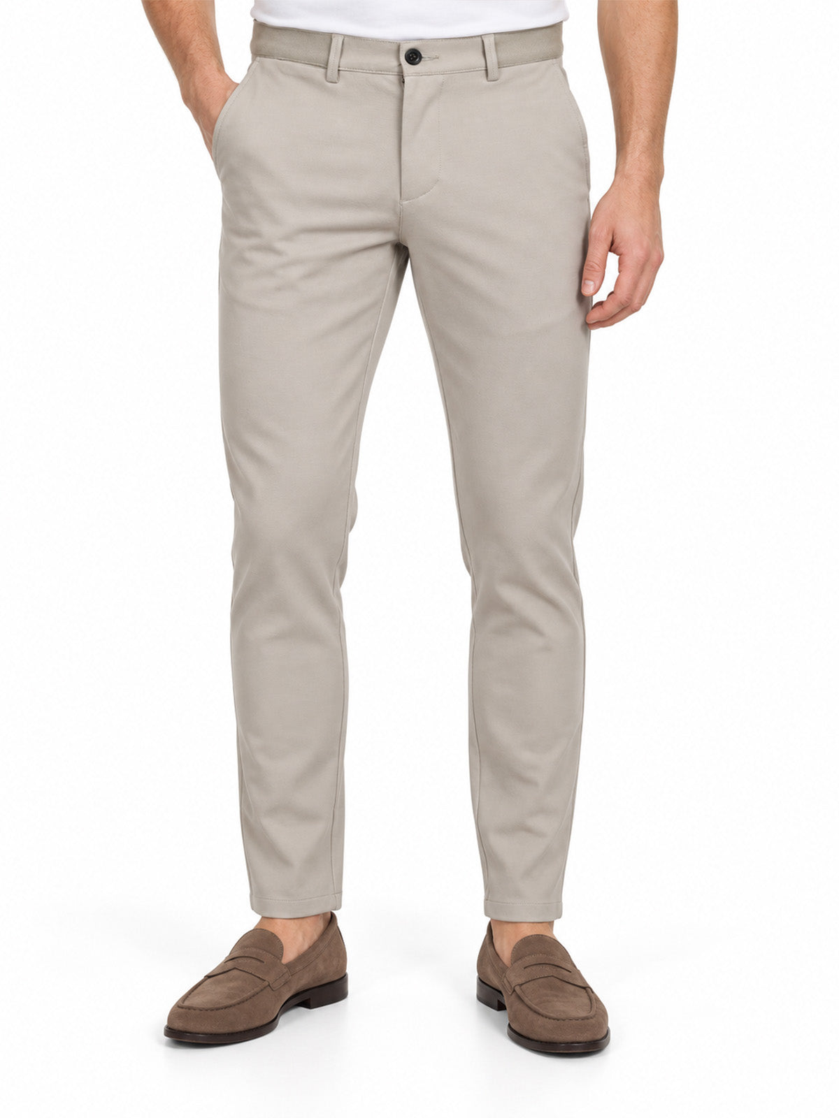 Beige Cotton Blend Solid Trouser