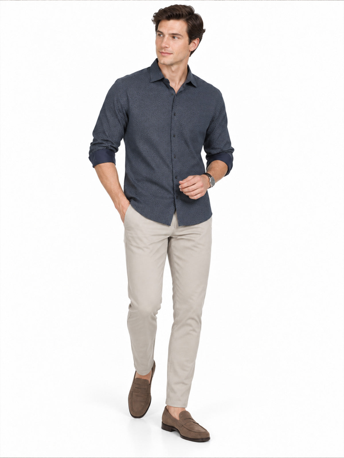 Beige Cotton Blend Solid Trouser