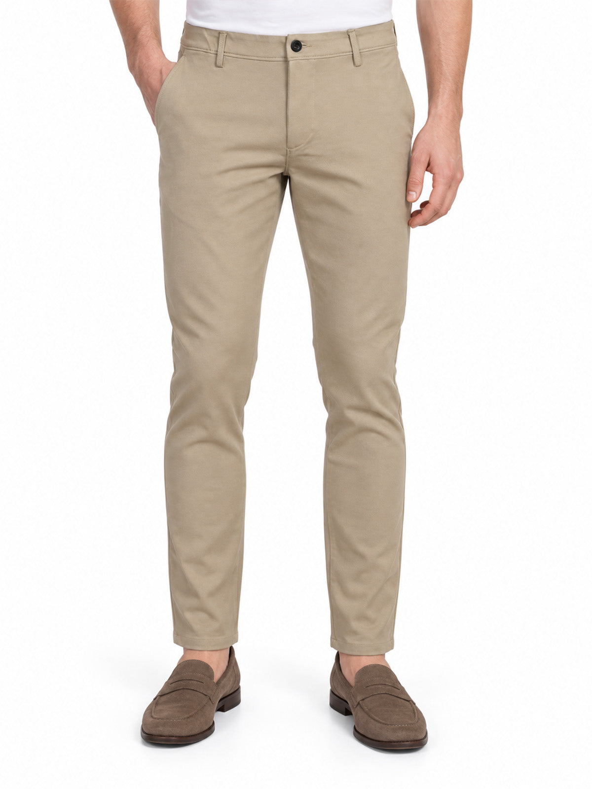 Beige Cotton Blend Solid Trouser
