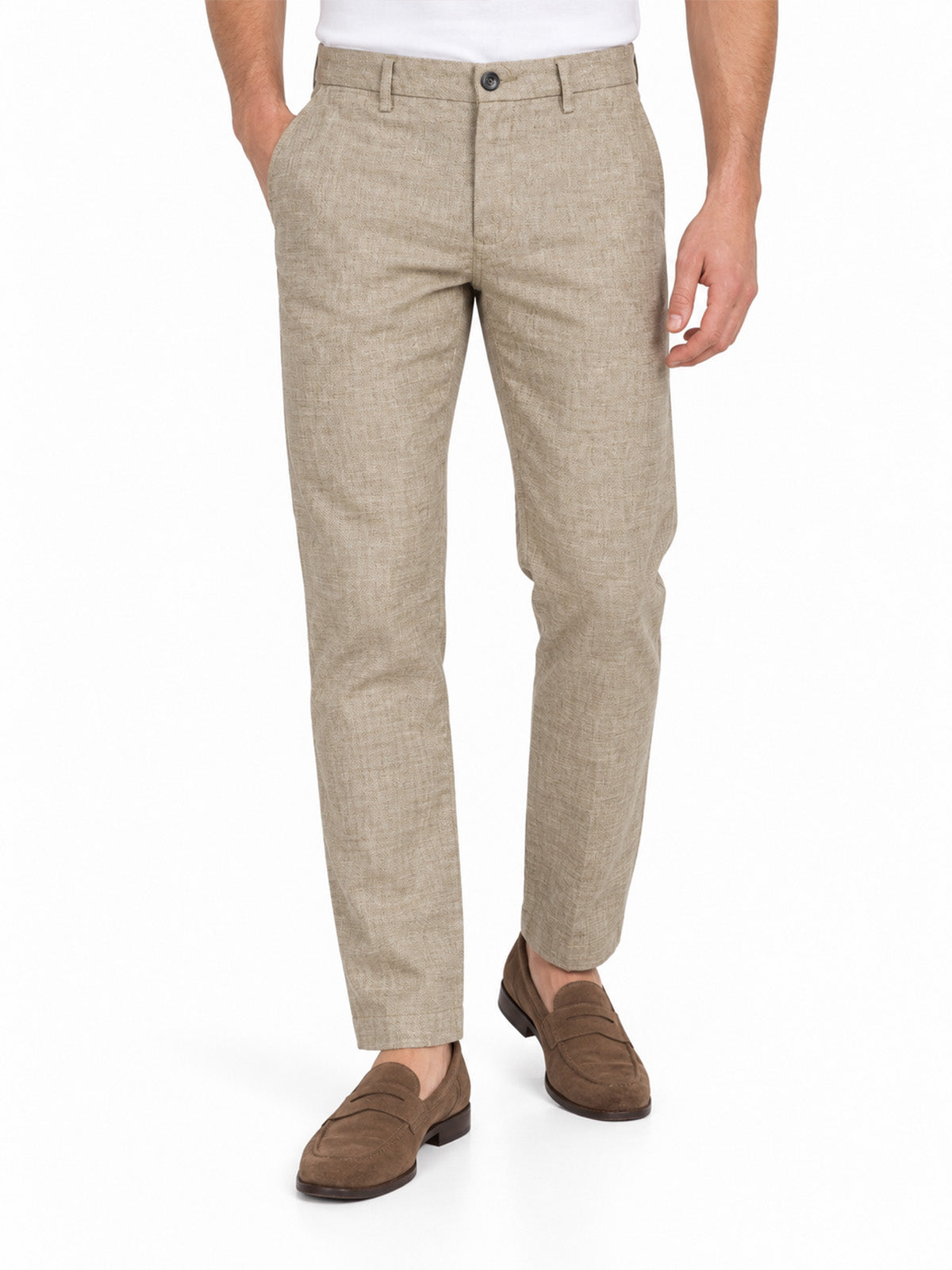 Beige Cotton Blend Solid Trouser