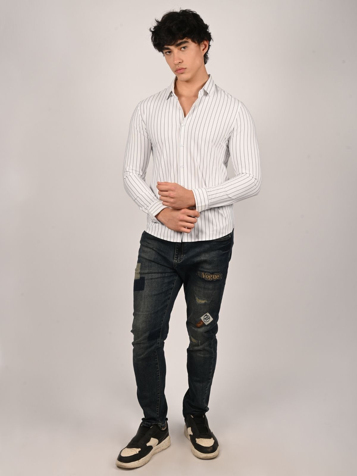 Franco White Lycra Striped Shirts For Men
