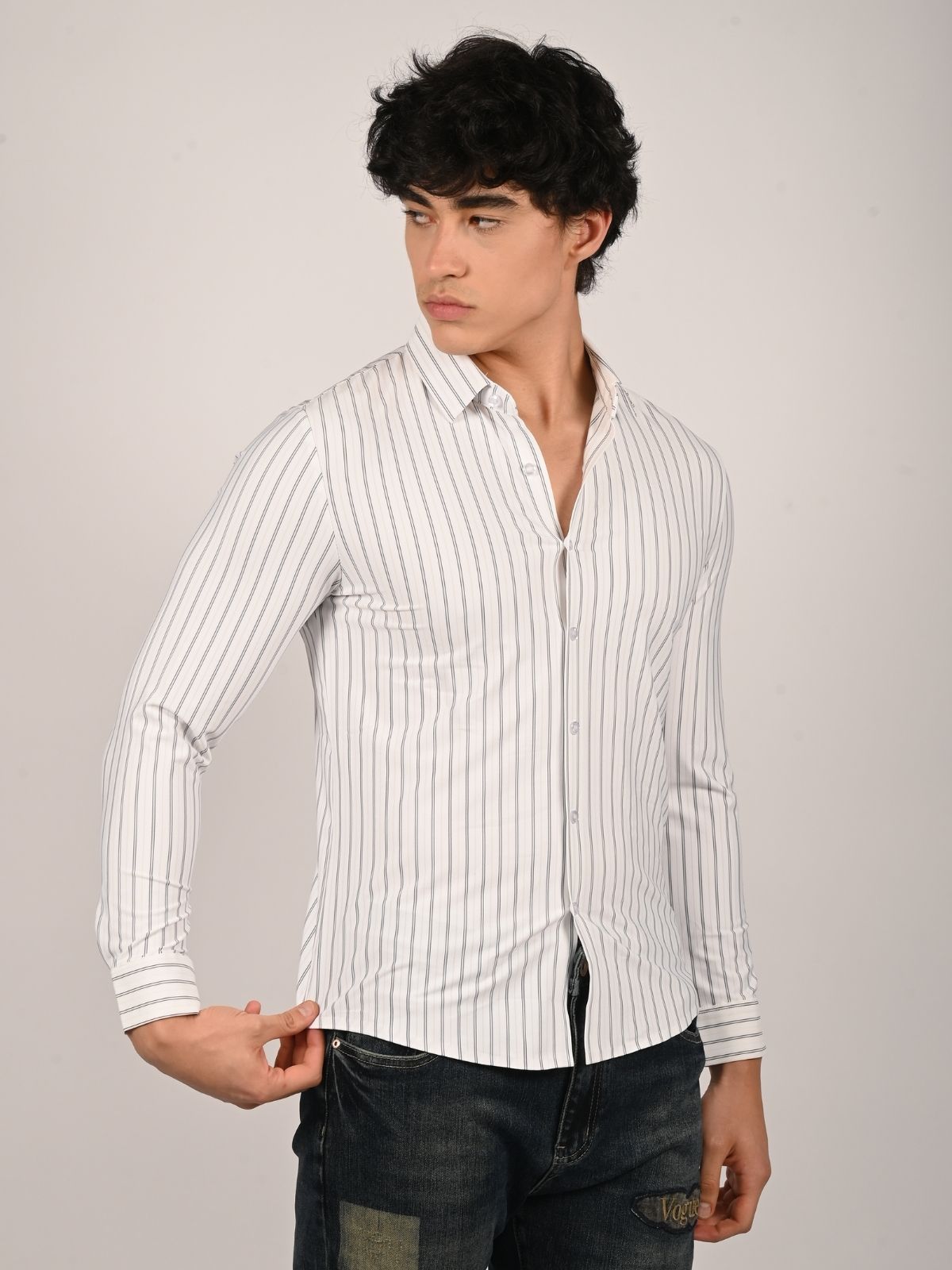 Franco White Lycra Striped Shirts For Men