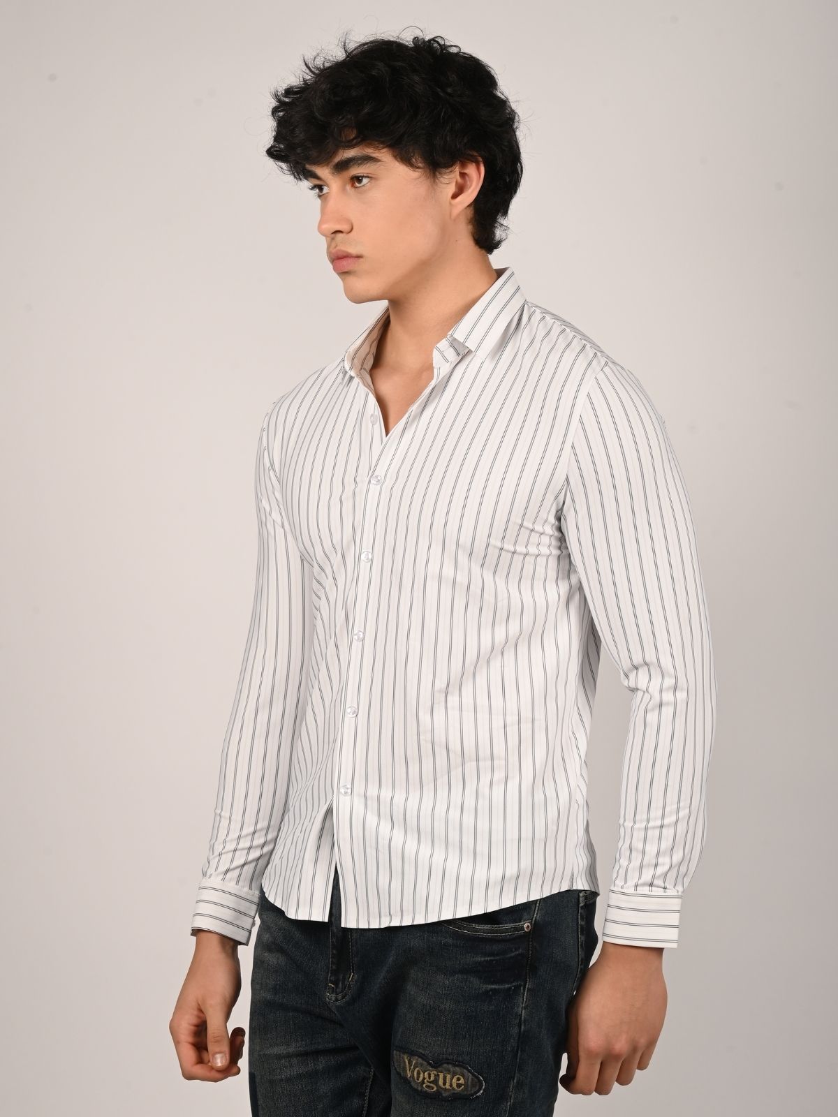 Franco White Lycra Striped Shirts For Men