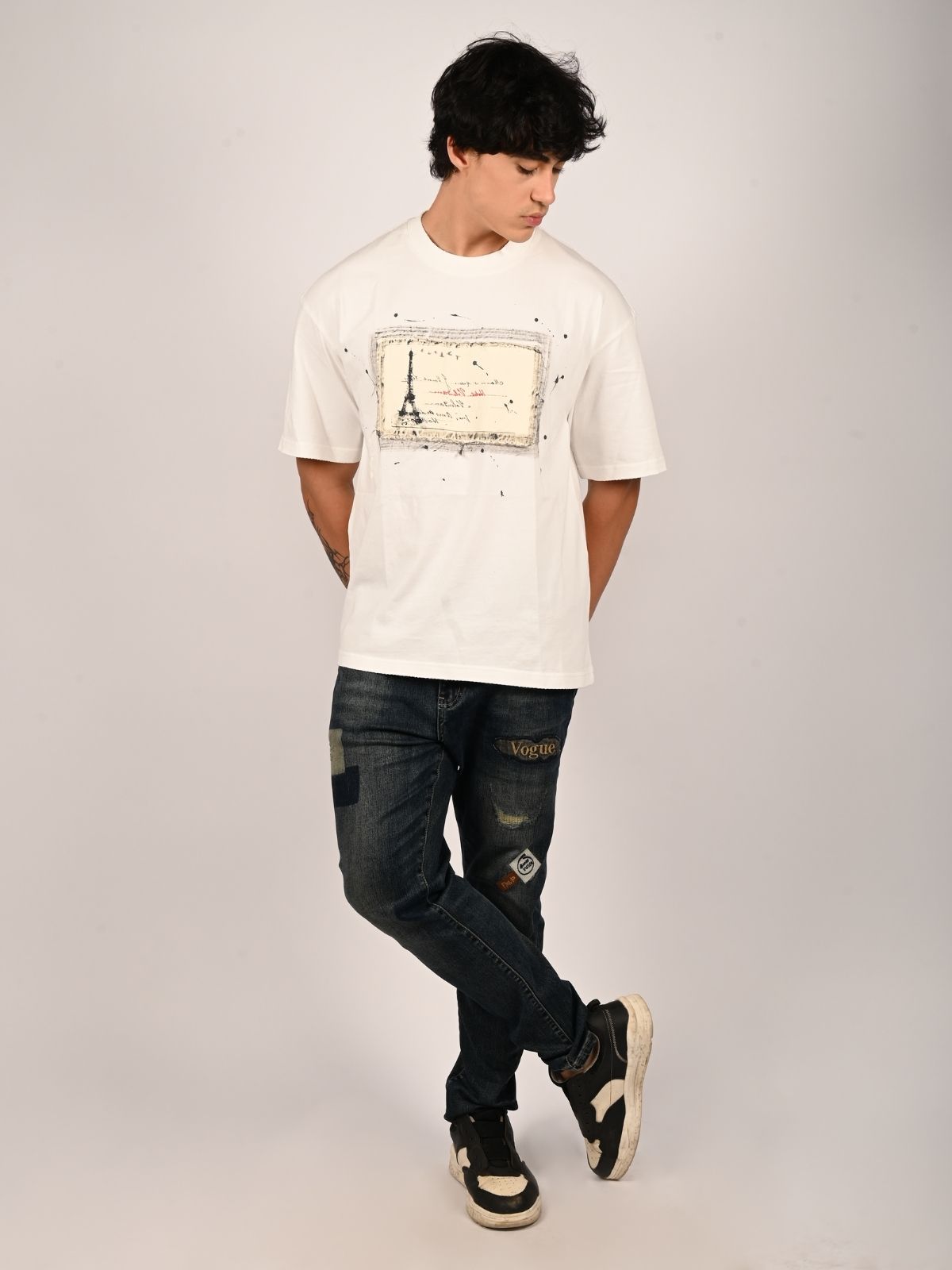 Franco Navy Blue Denim Self Design Ripped Trouser For Men