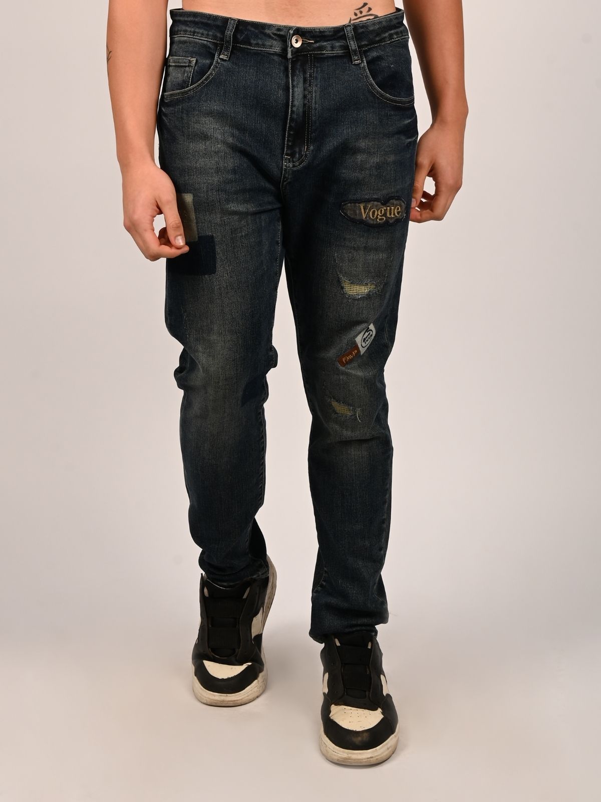Franco Navy Blue Denim Self Design Ripped Trouser For Men