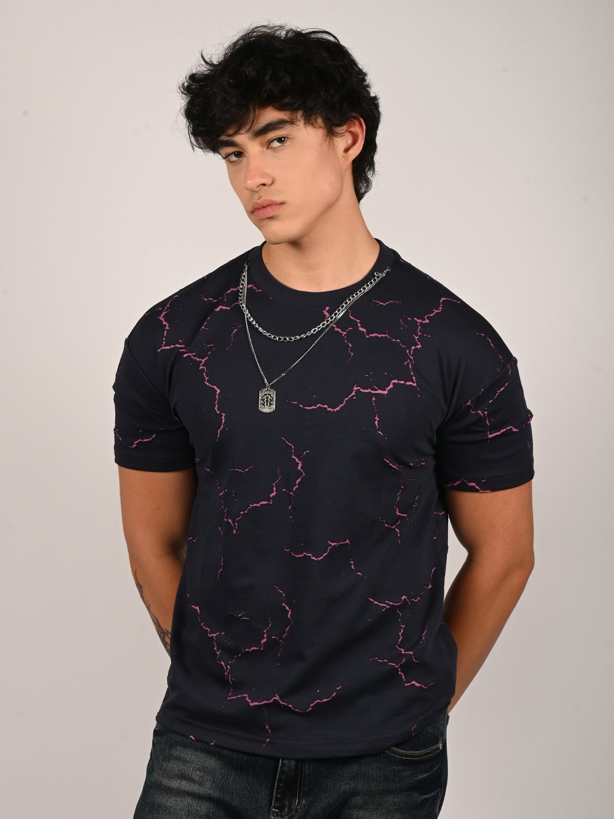 Franco Navy blue Cotton Jersey Self Design T-Shirt For Men