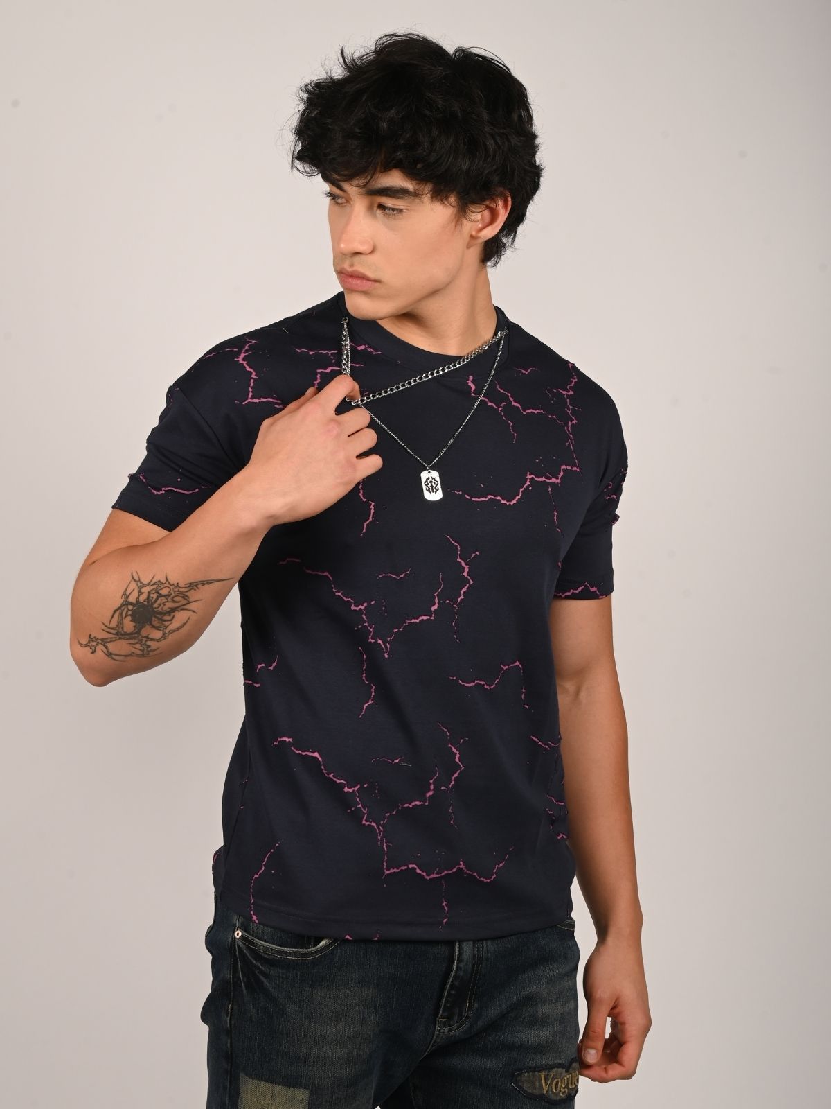 Franco Navy blue Cotton Jersey Self Design T-Shirt For Men