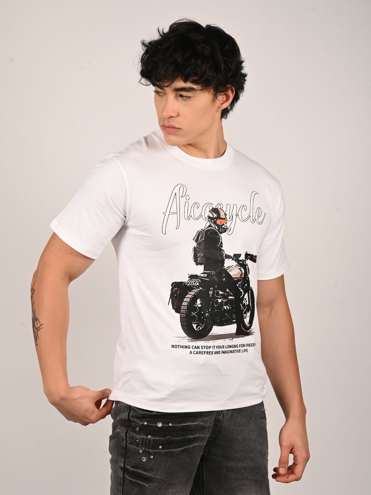 Franco White Cotton Jersey Printed T-Shirt For Men