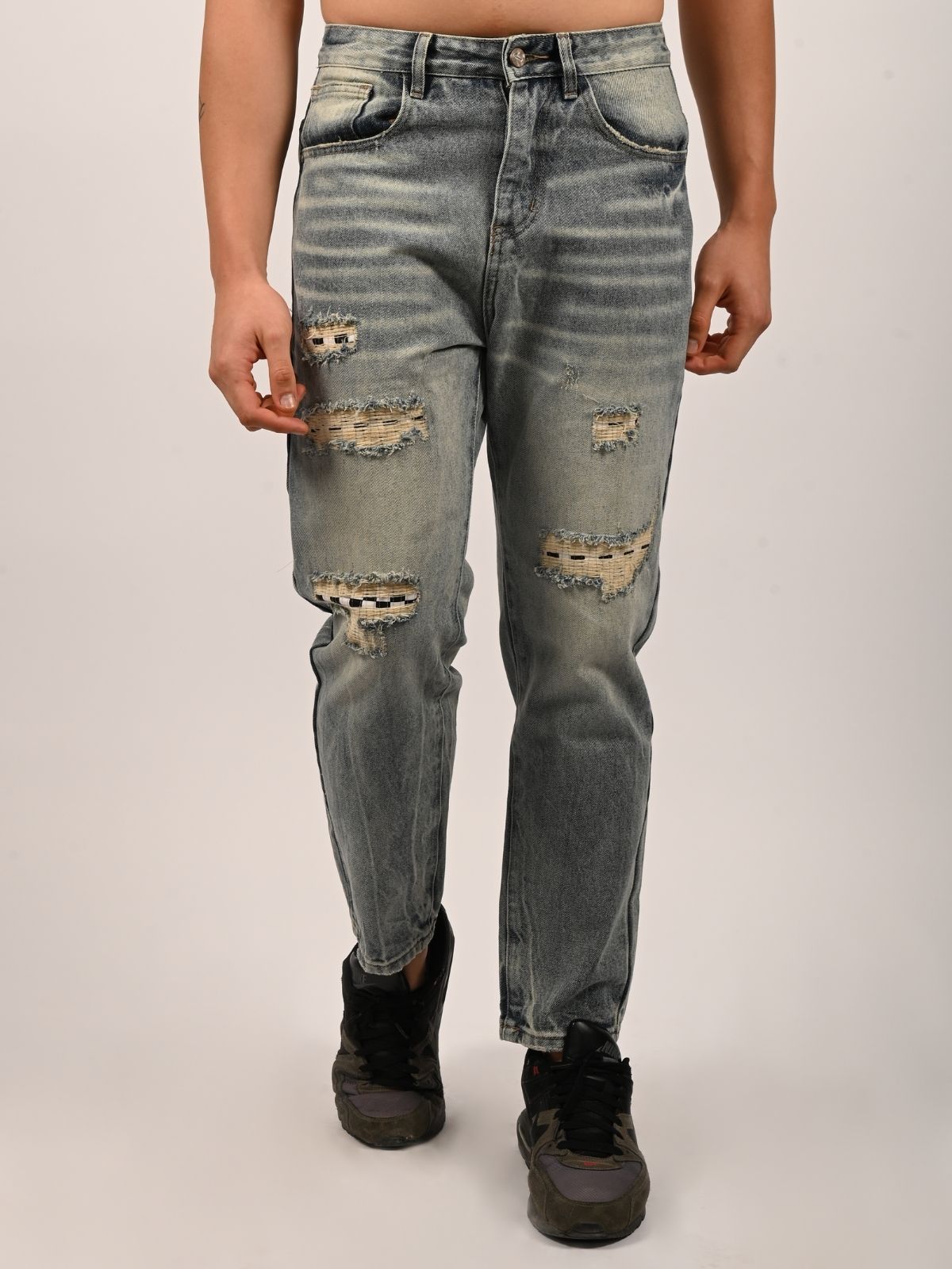 Franco Light Blue Denim Solid Ripped Trouser For Men