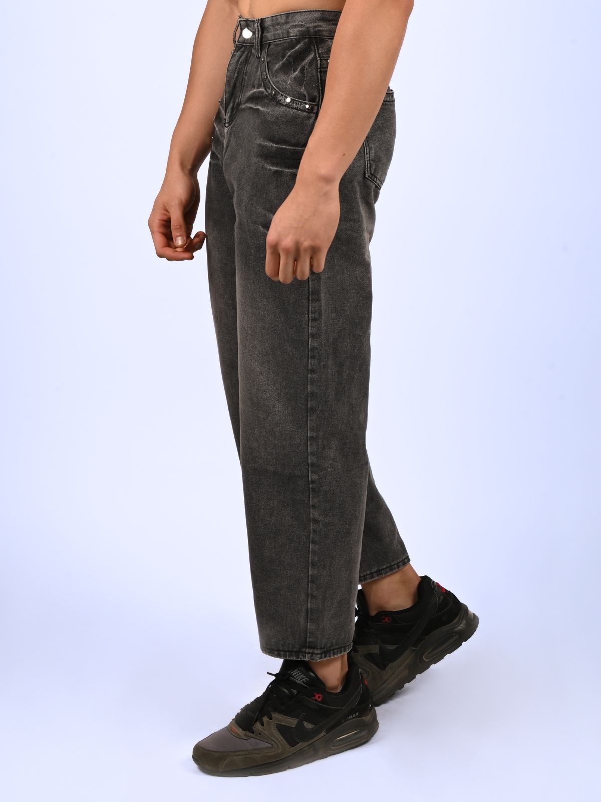 Franco Grey Denim Metallic Design Faded Trouser For Men