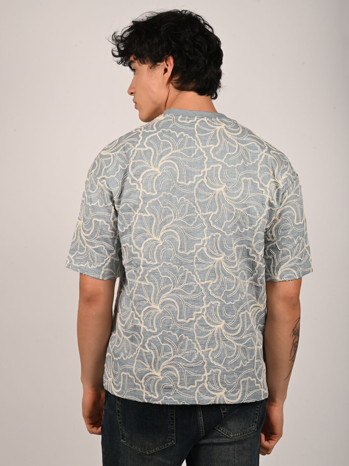 Franco Blue Cotton Chambray Solid T-Shirt For Men