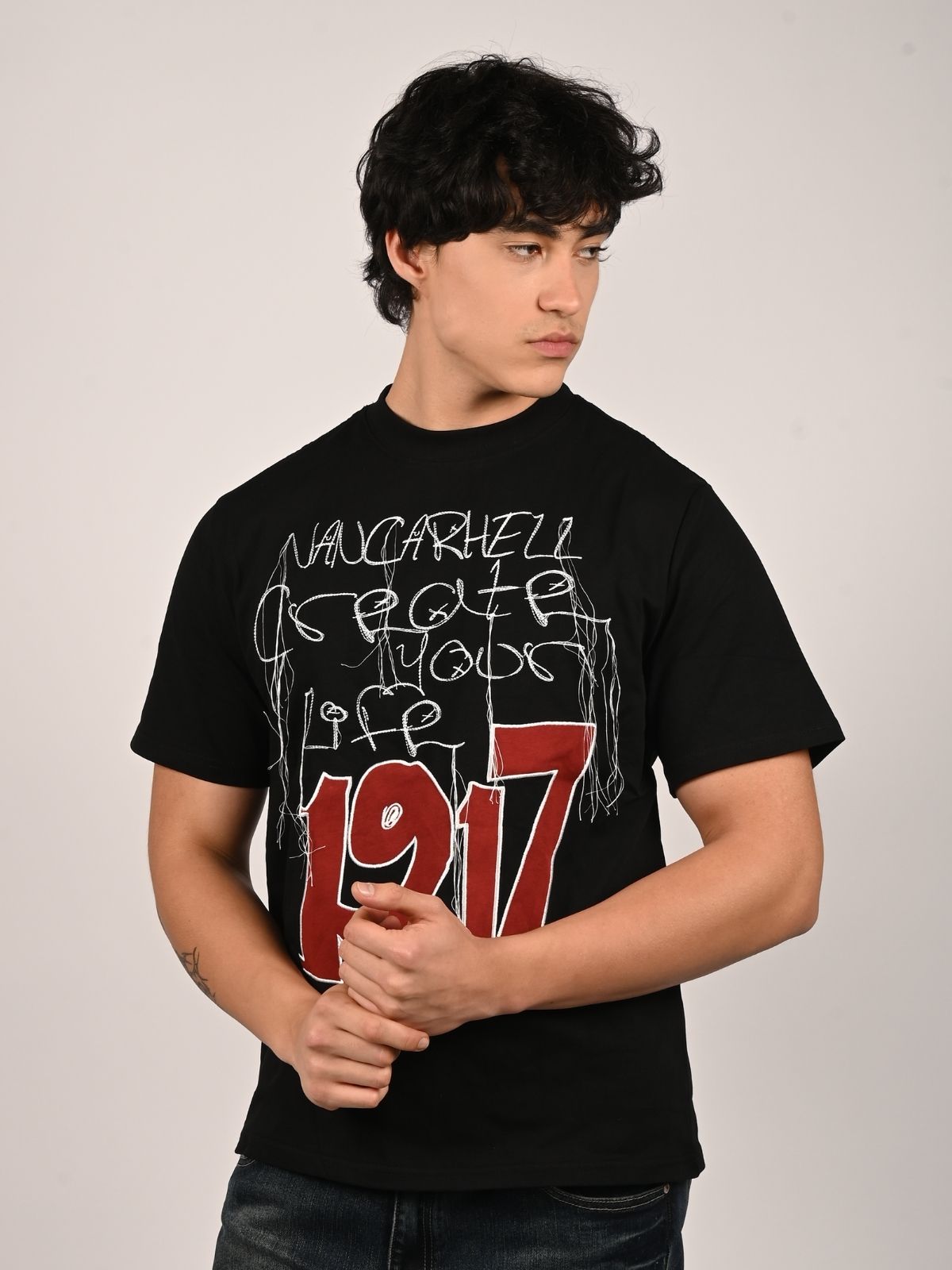 Franco Black Cotton Jersey Printed T-Shirt For Men