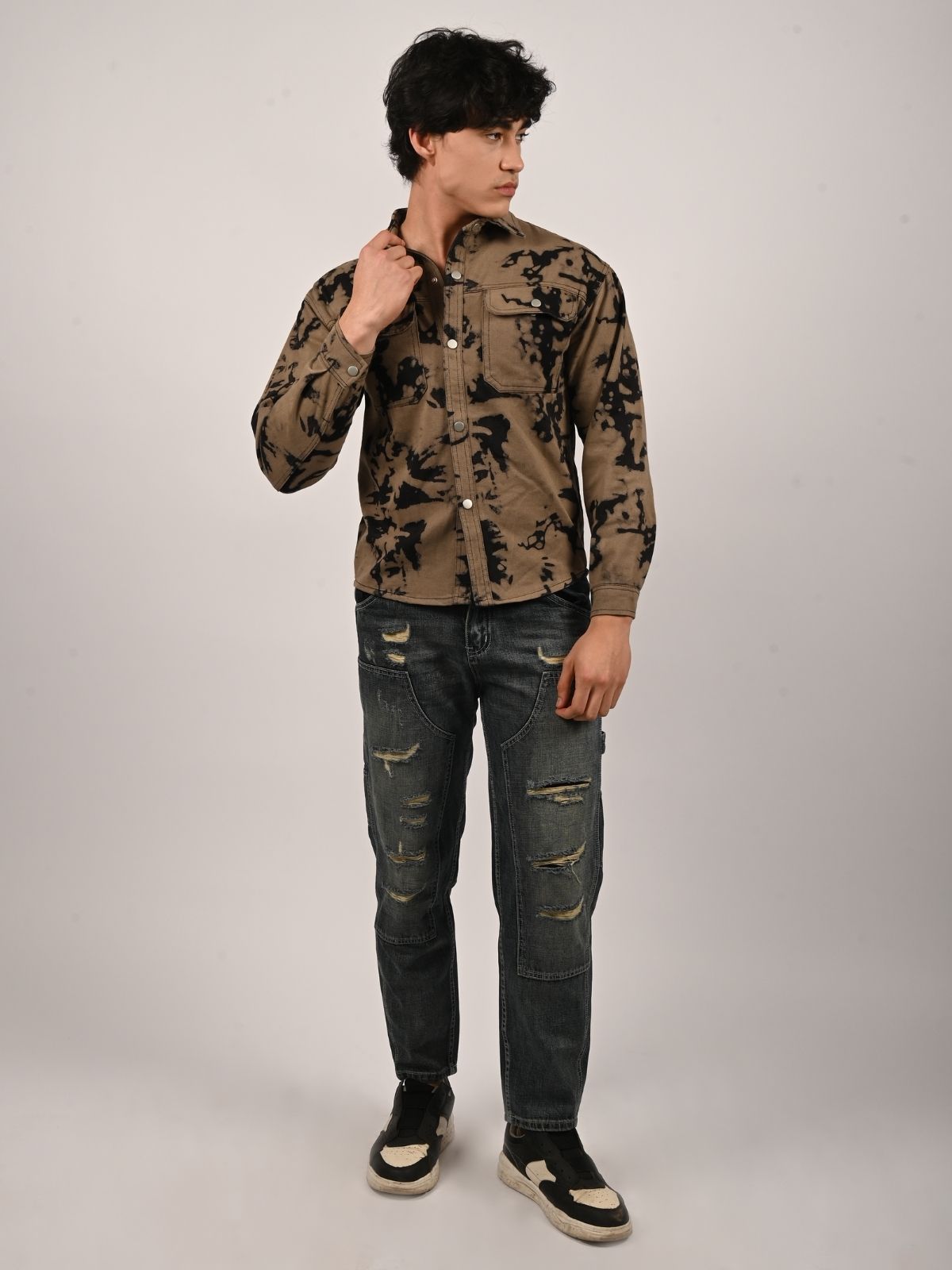 Franco Beige Denim Tie-Dye Shirts For Men