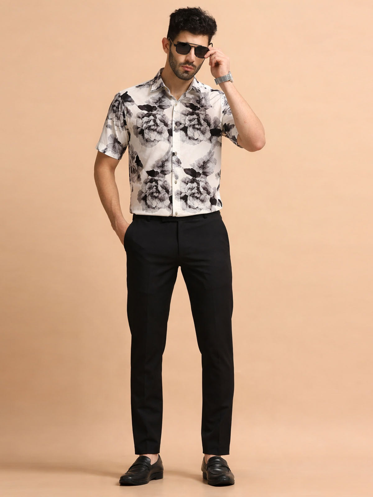 Franco Off White And Black Cotton Blend Printed Shirt For Men