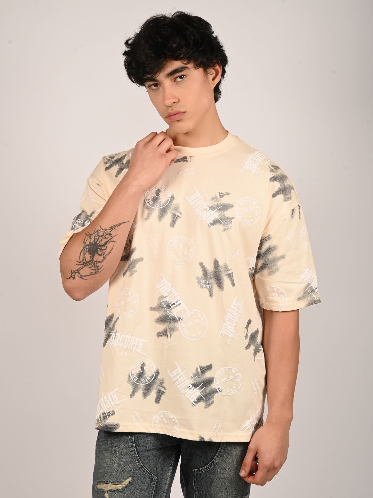 Franco Ivory Cotton Jersey Printed T-Shirt For Men