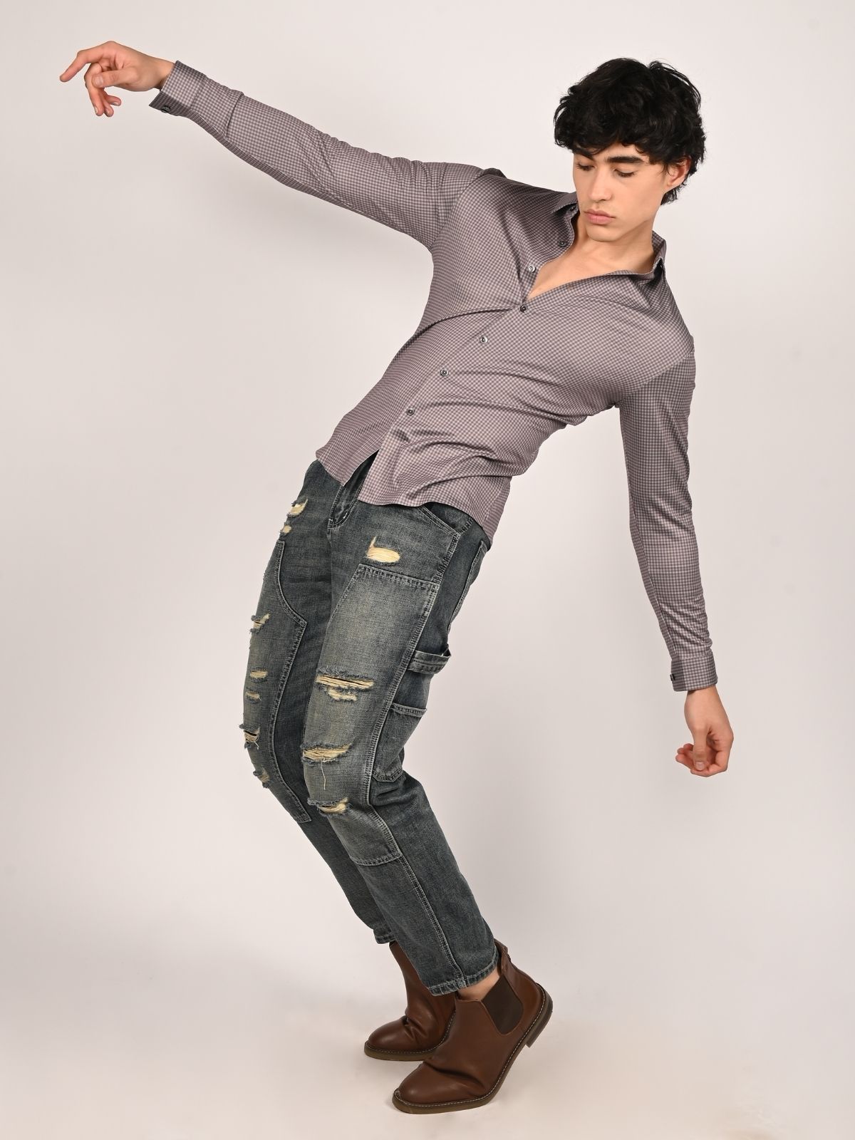 Franco Brown Polyster Lycra Checked Shirts For Men