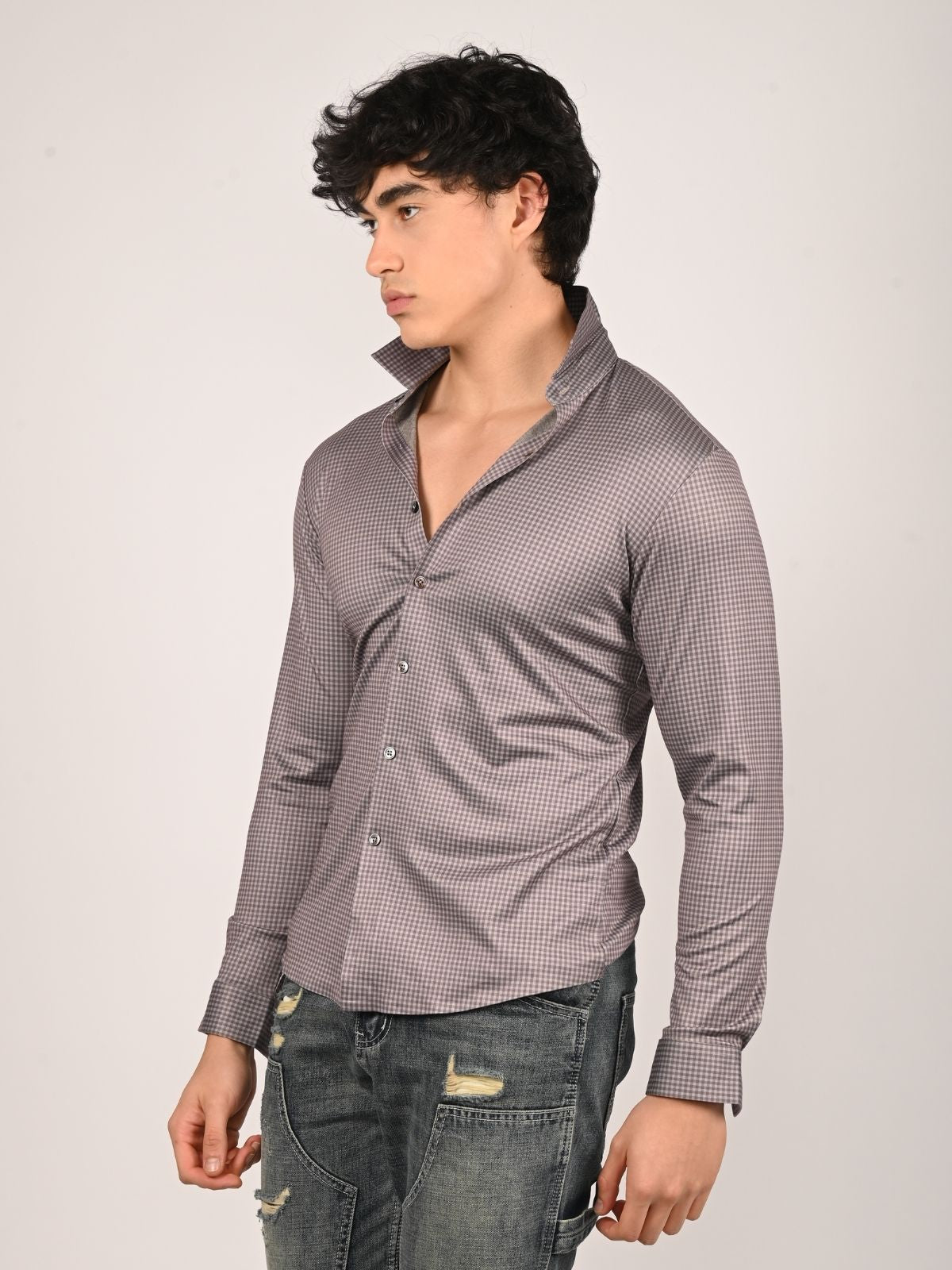 Franco Brown Polyster Lycra Checked Shirts For Men