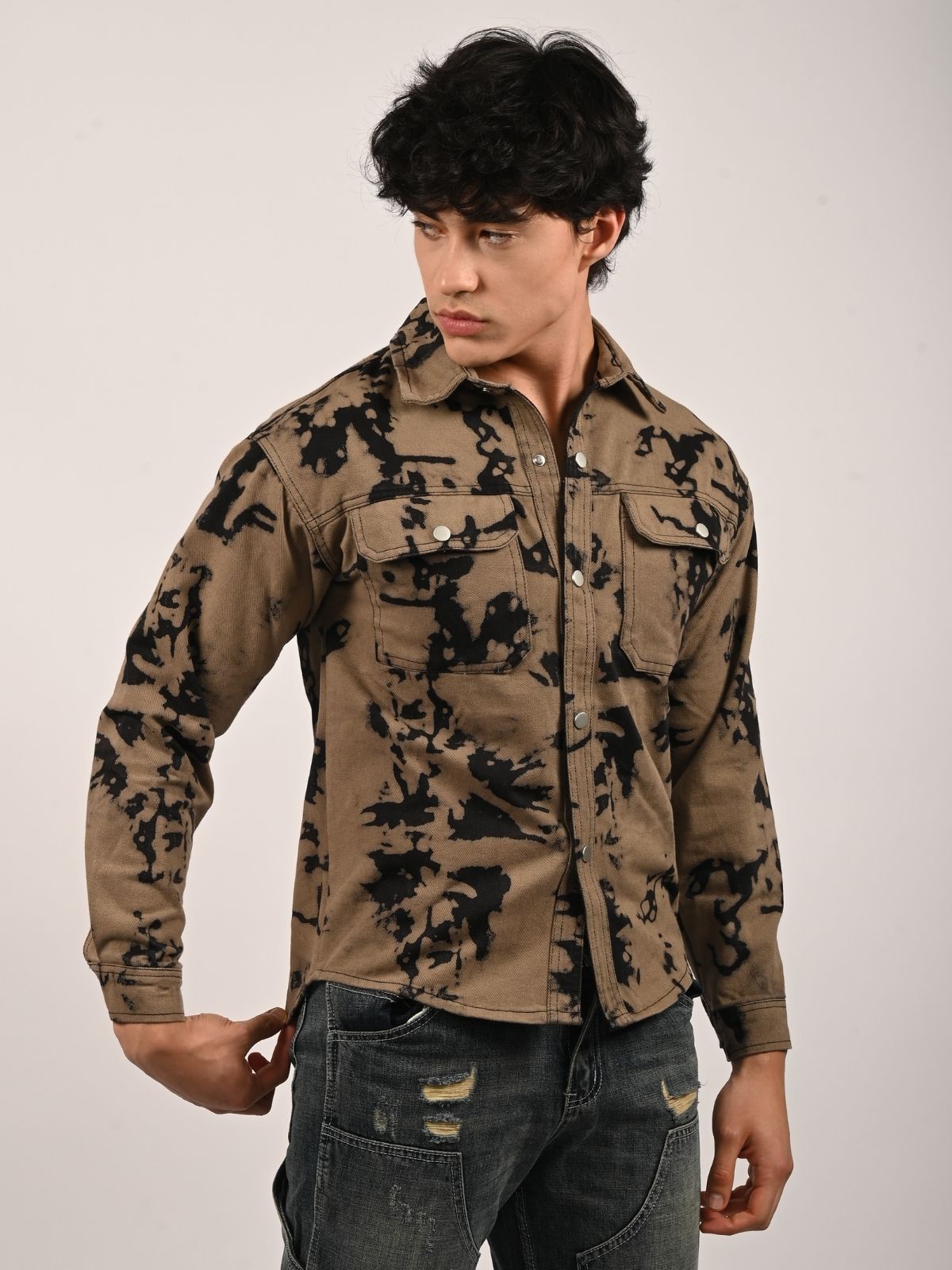 Franco Beige Denim Tie-Dye Shirts For Men