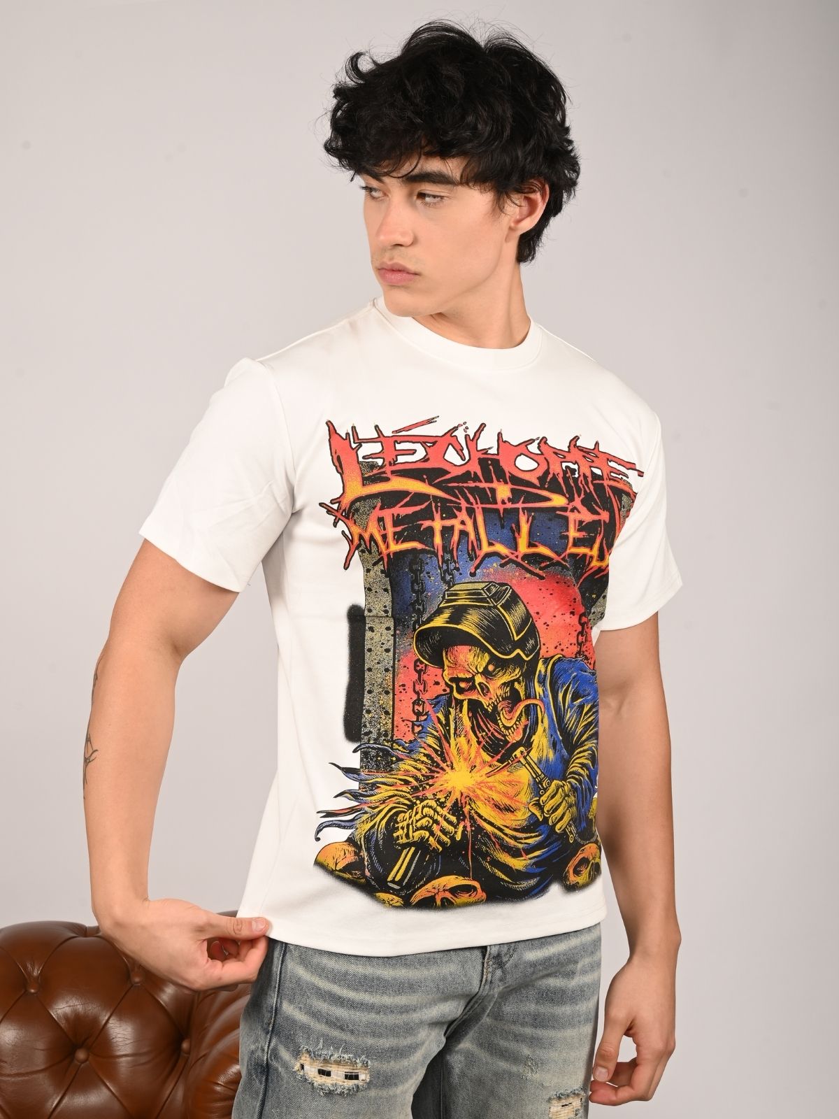 Franco White Cotton Lycra Printed T-Shirt For Men