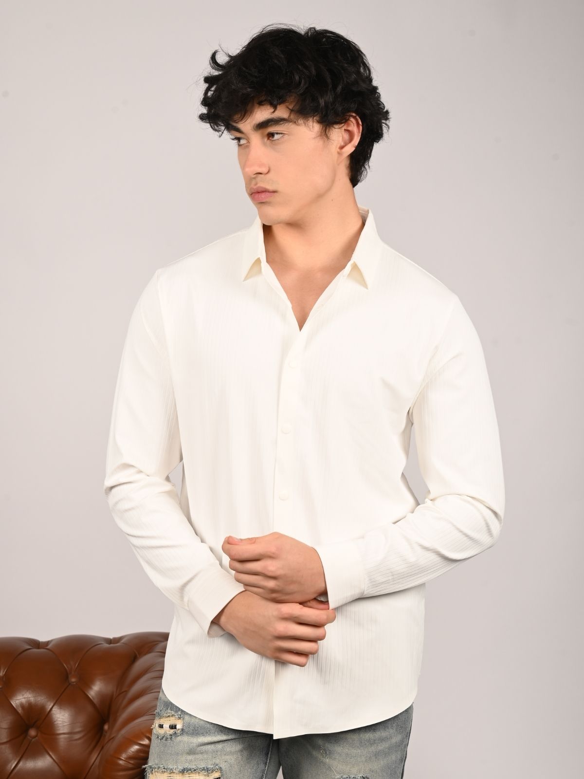 Franco White Polyster Lycra Solid Shirts For Men