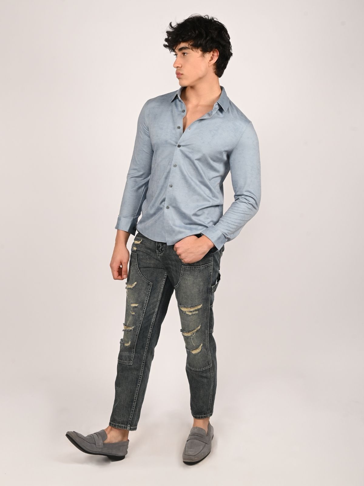 Franco Pastel Blue Cotton Knit And Polyster Solid Shirts For Men