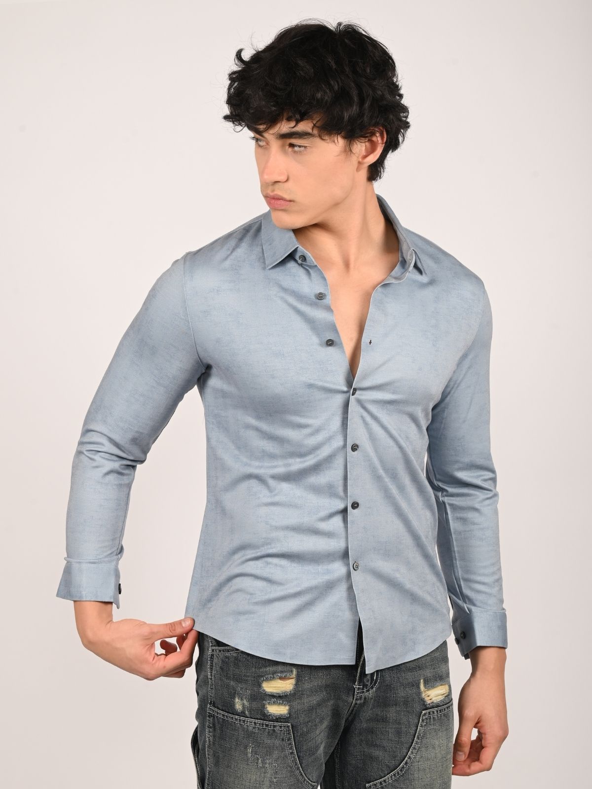 Franco Pastel Blue Cotton Knit And Polyster Solid Shirts For Men