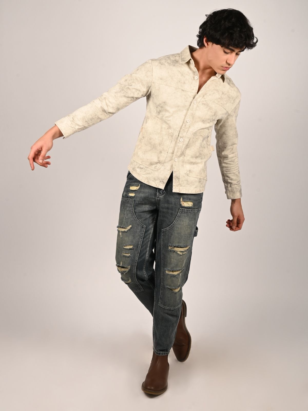 Franco Beige Denim Tie-Dye Shirts For Men