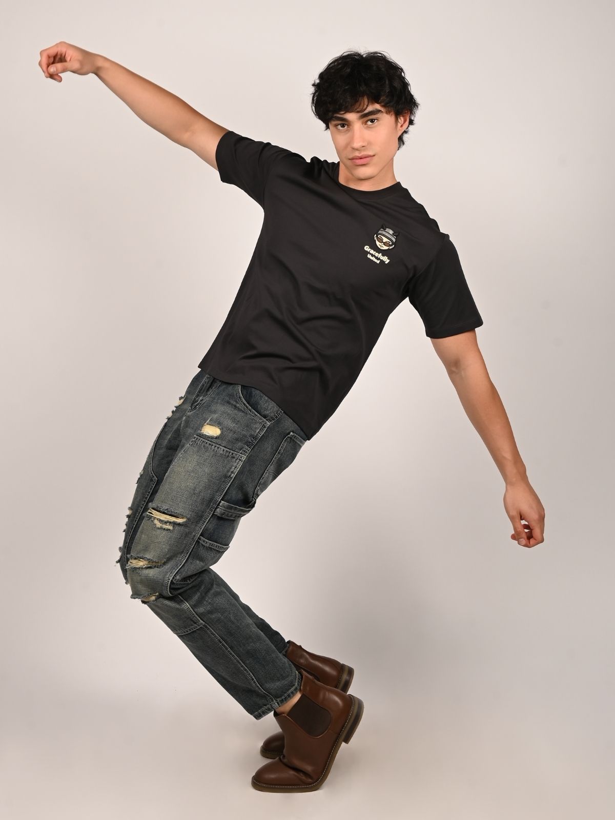 Franco Black Cotton Jersey Printed T-Shirt For Men