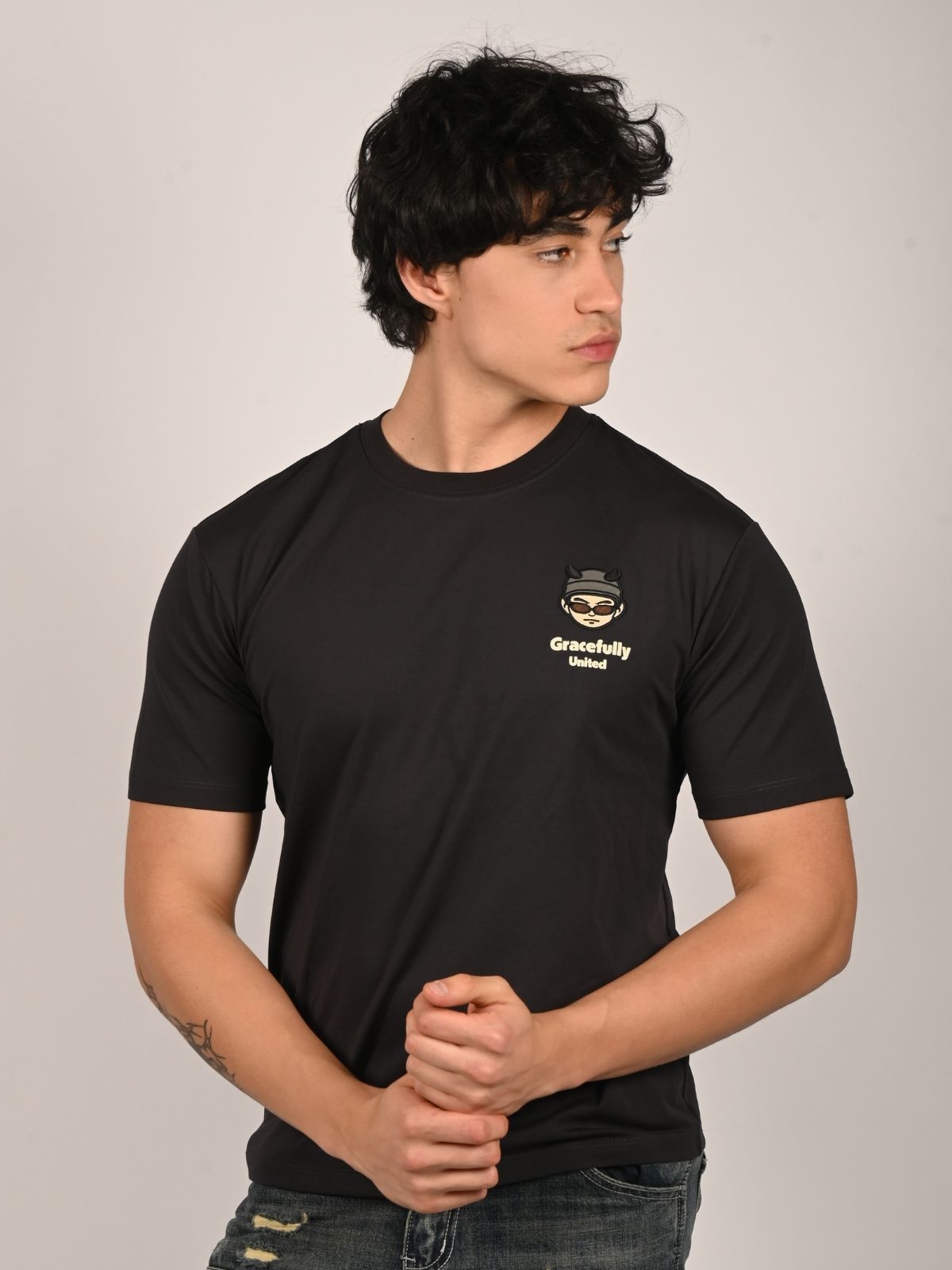 Franco Black Cotton Jersey Printed T-Shirt For Men