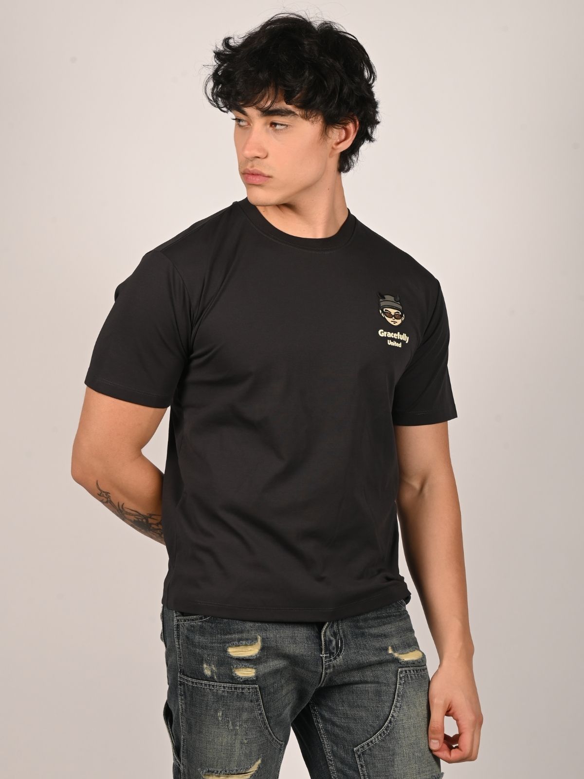 Franco Black Cotton Jersey Printed T-Shirt For Men