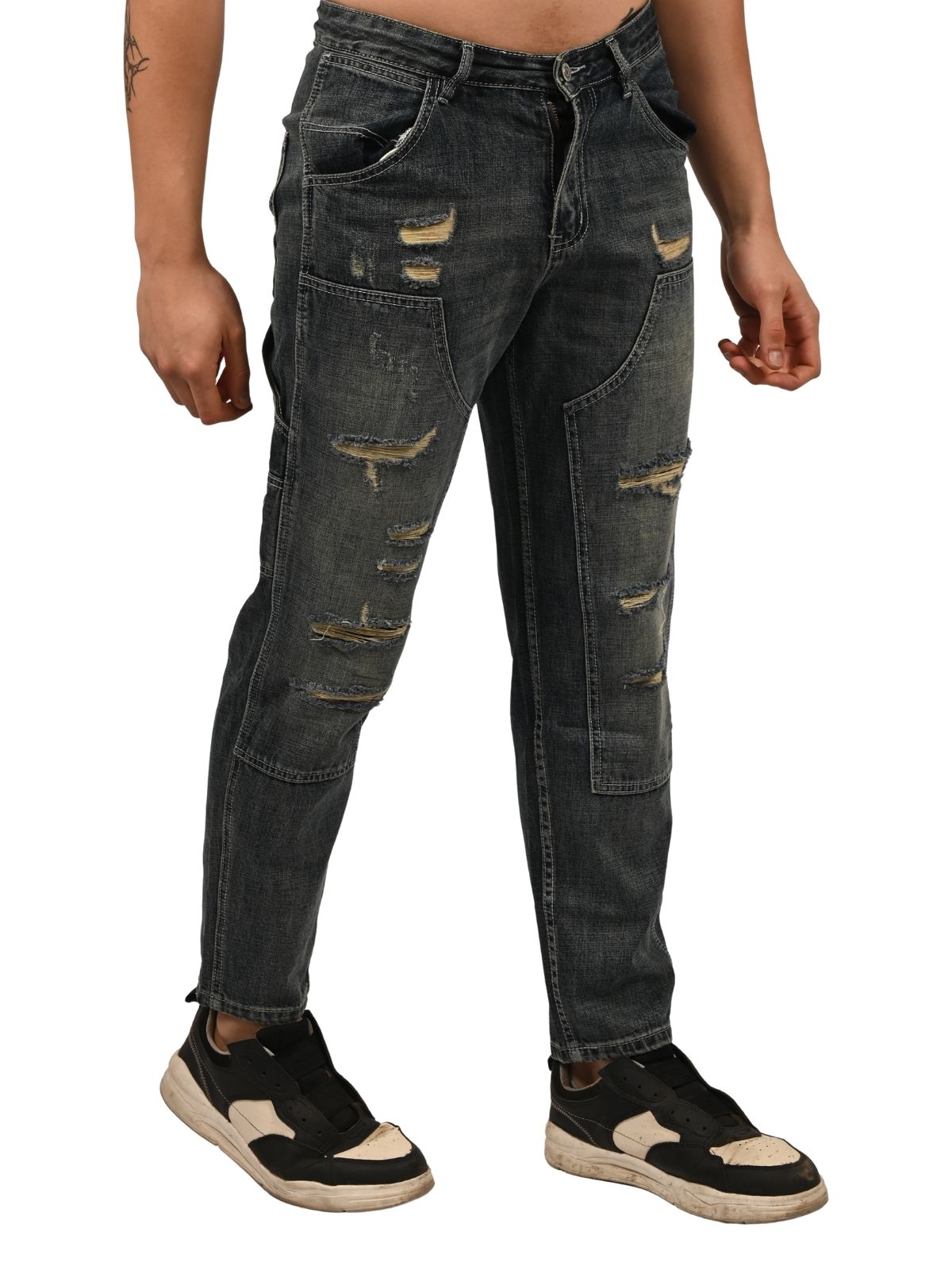 Franco Blue Denim Solid Ripped And Faded Trouser For Men