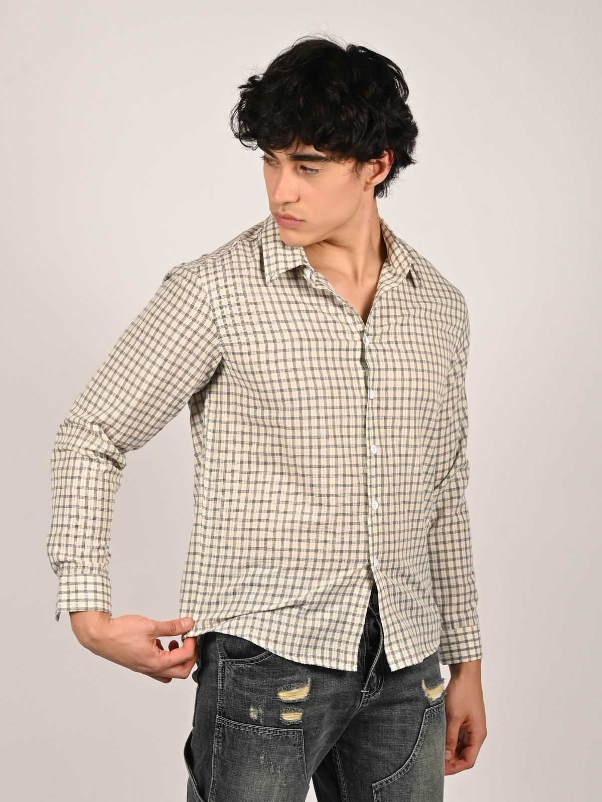 Franco White And Black Polyster Checked Shirts For Men