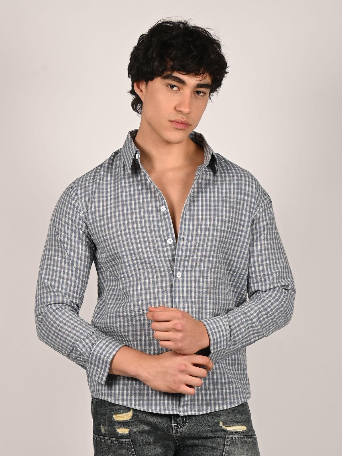 Franco Pastel Blue Polyster Checked Shirts For Men