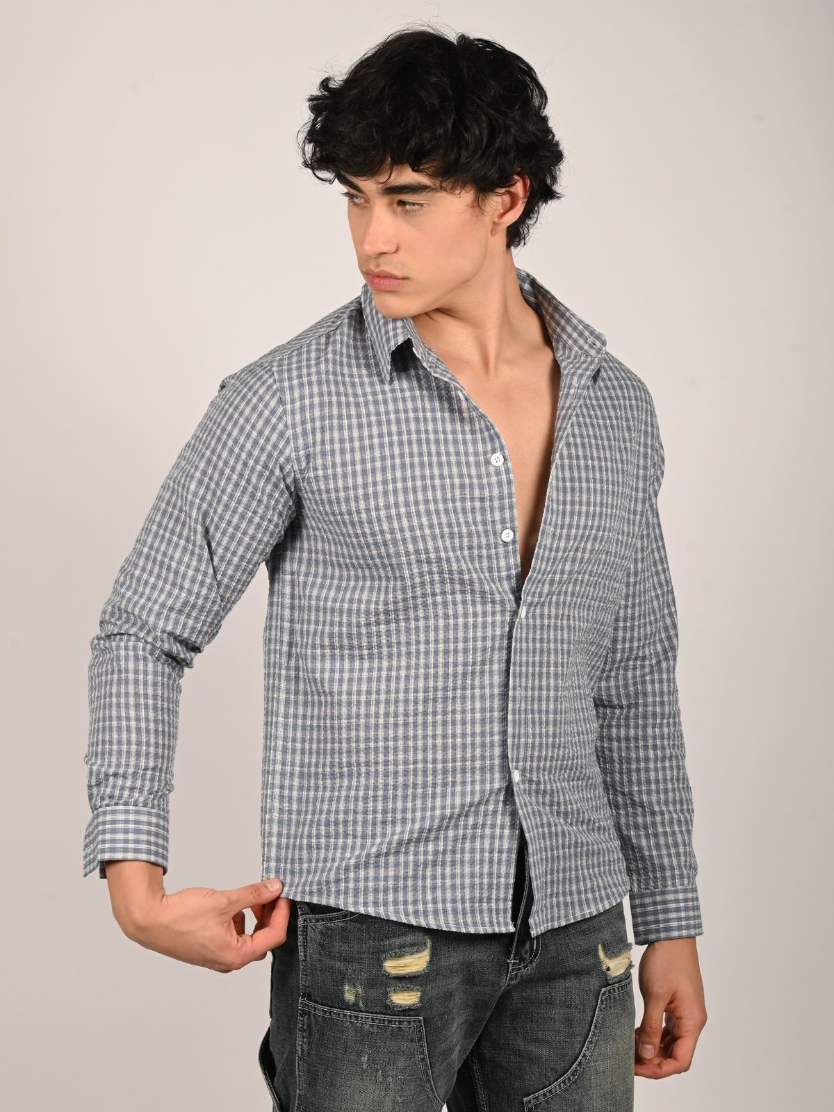 Franco Pastel Blue Polyster Checked Shirts For Men