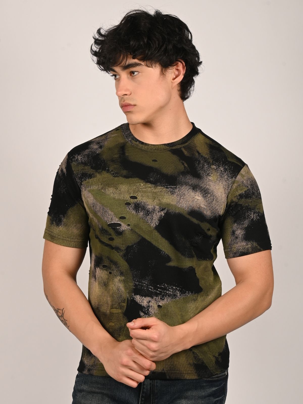 Franco Black And Olive Polyester Lycra Printed T-Shirt For Men