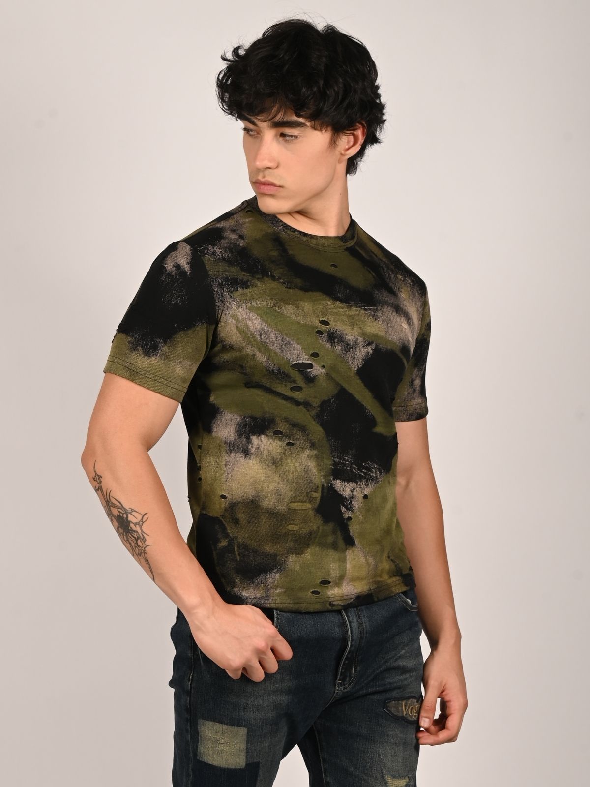 Franco Black And Olive Polyester Lycra Printed T-Shirt For Men