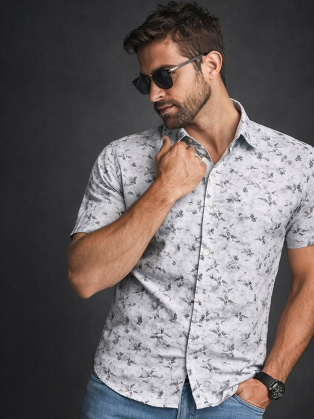 Franco Grey Cotton Blend Printed Shirt For Men