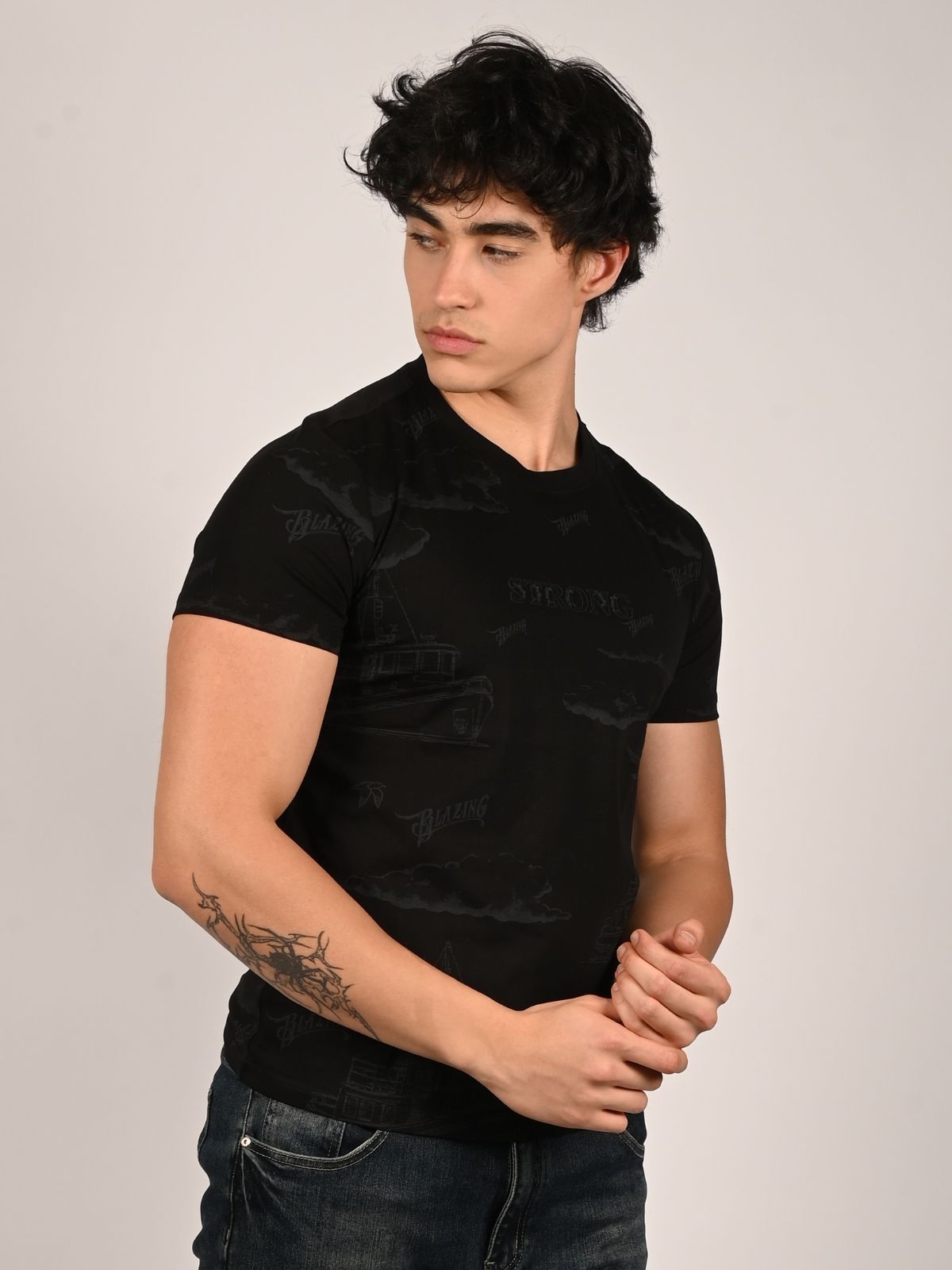 Franco Black Cotton Jersey Printed T-Shirt For Men