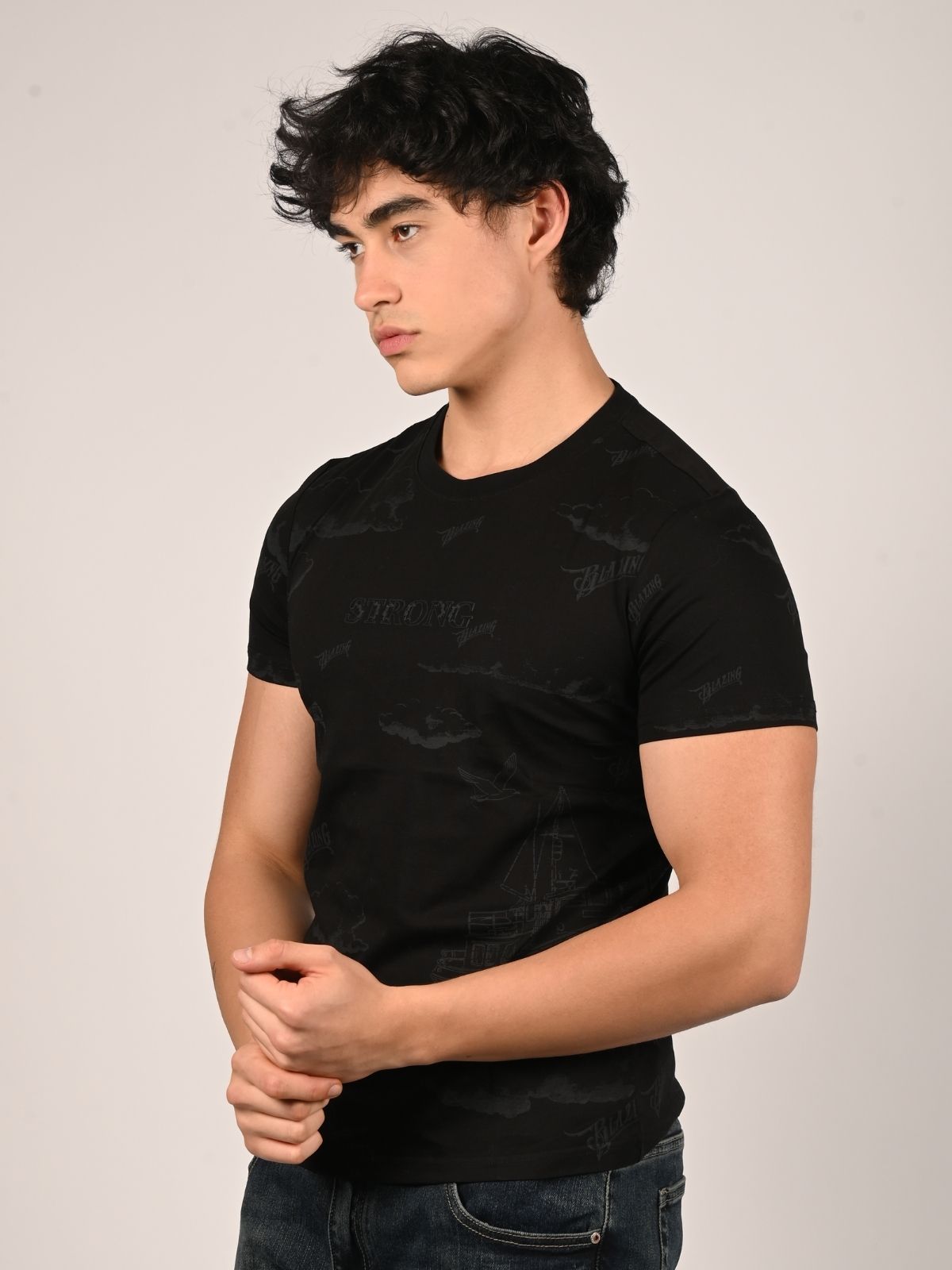 Franco Black Cotton Jersey Printed T-Shirt For Men