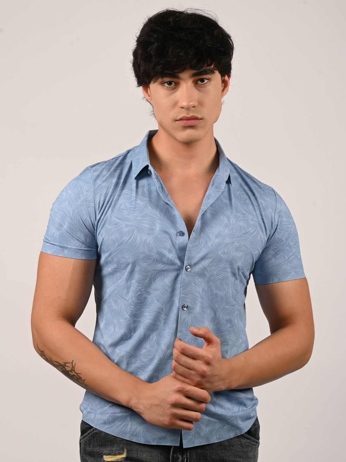 Franco Light Blue Lycra Printed Shirts For Men