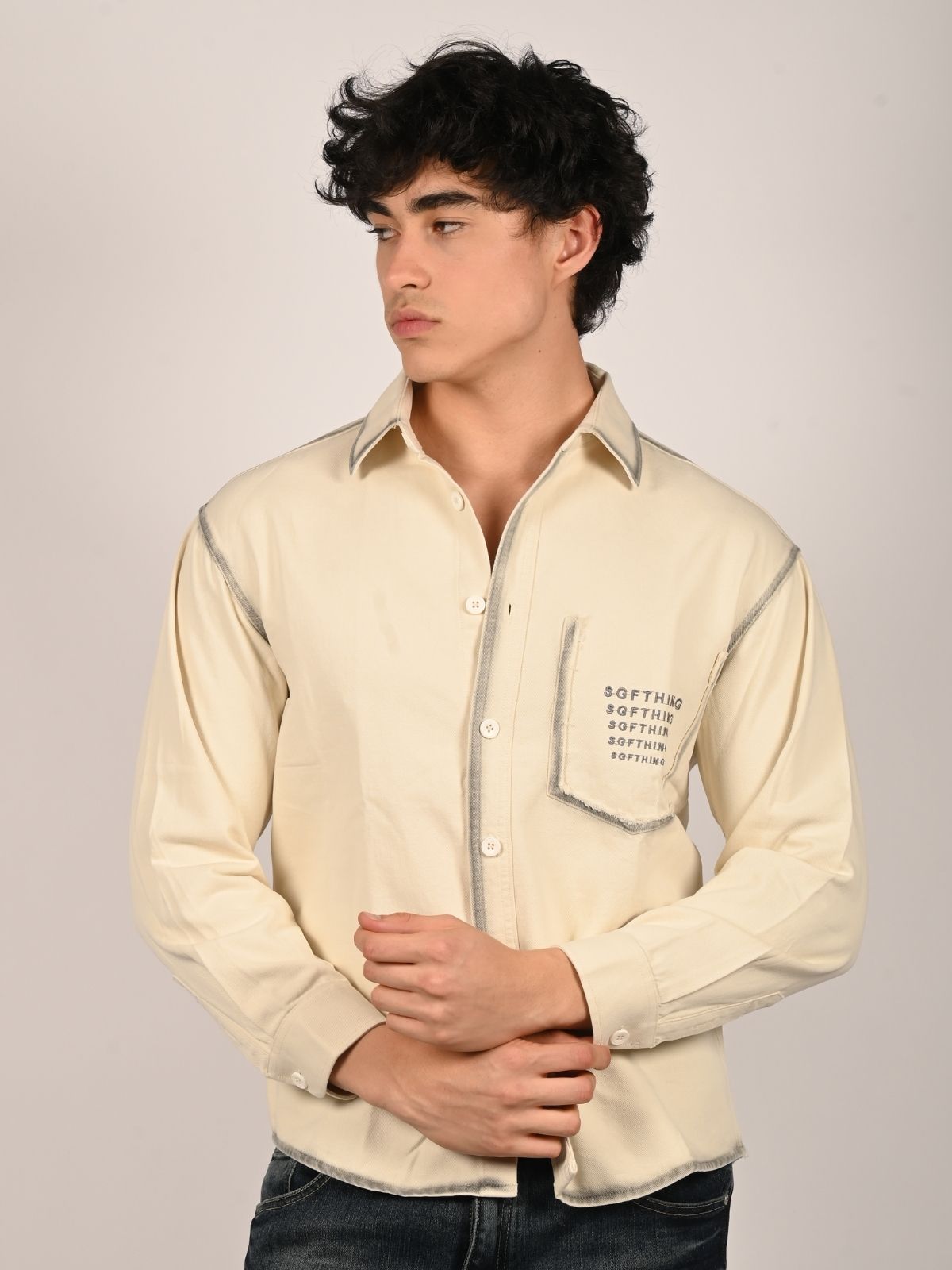 Franco Off White Denim Solid Shirts For Men