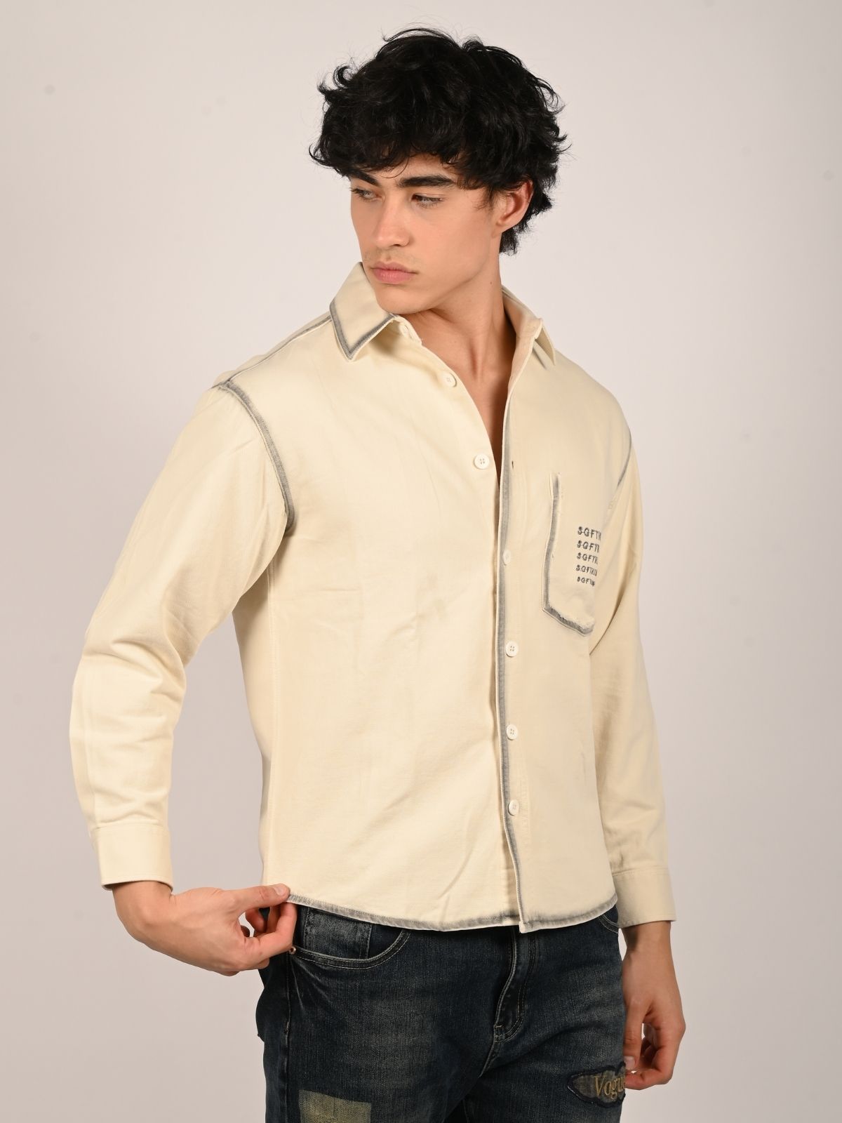 Franco Off White Denim Solid Shirts For Men