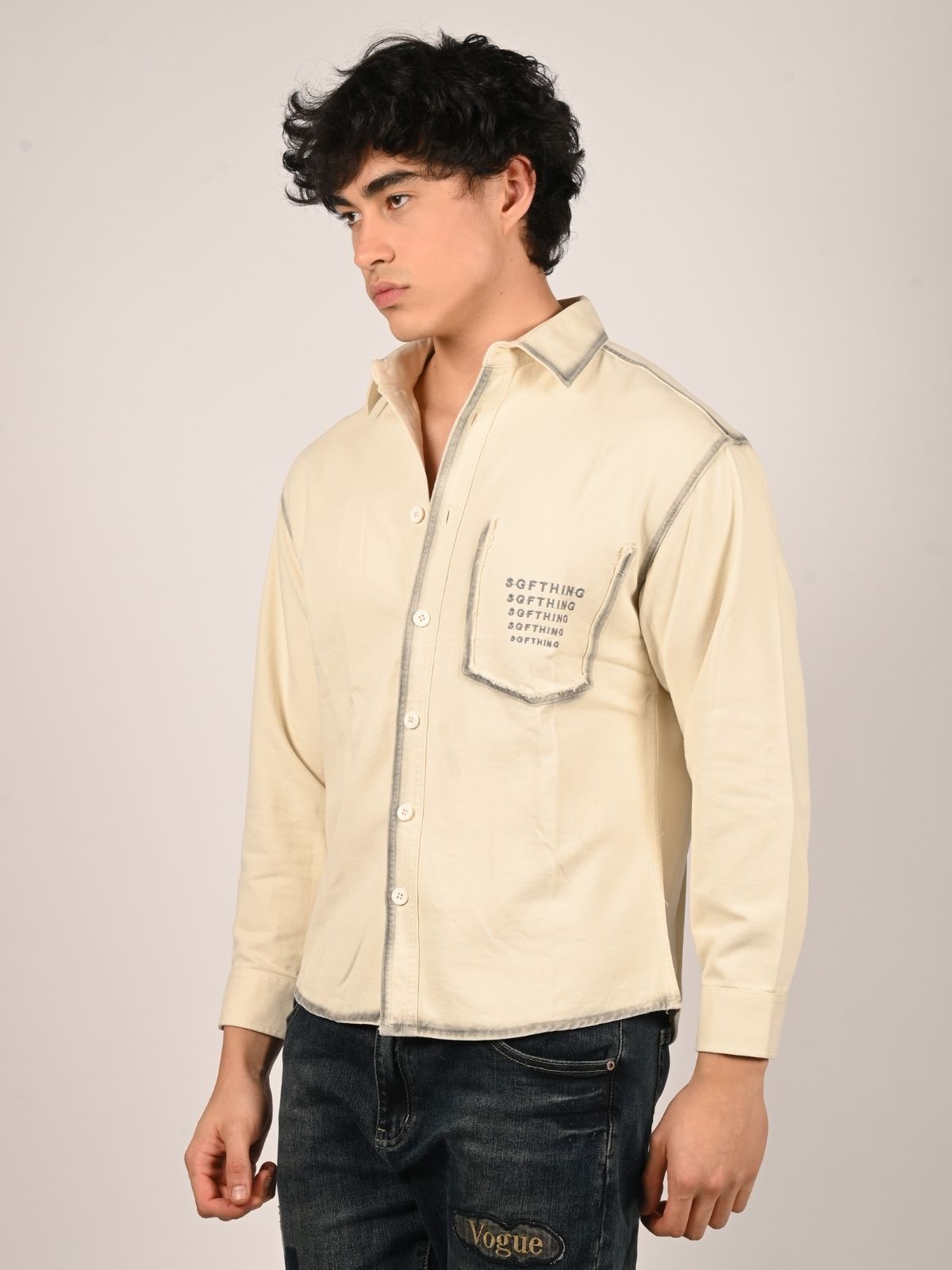 Franco Off White Denim Solid Shirts For Men