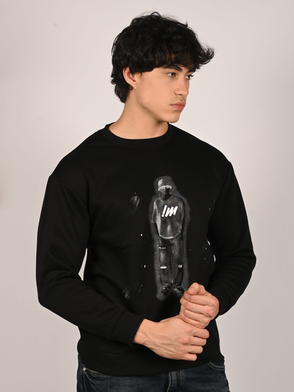 Franco Black Cotton Polyster Fleece Printed Sweatshirts For Men