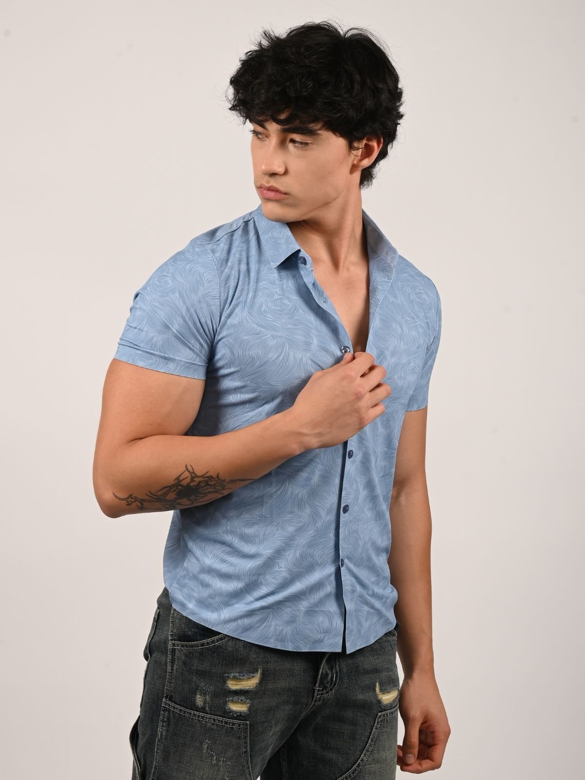 Franco Light Blue Lycra Printed Shirts For Men