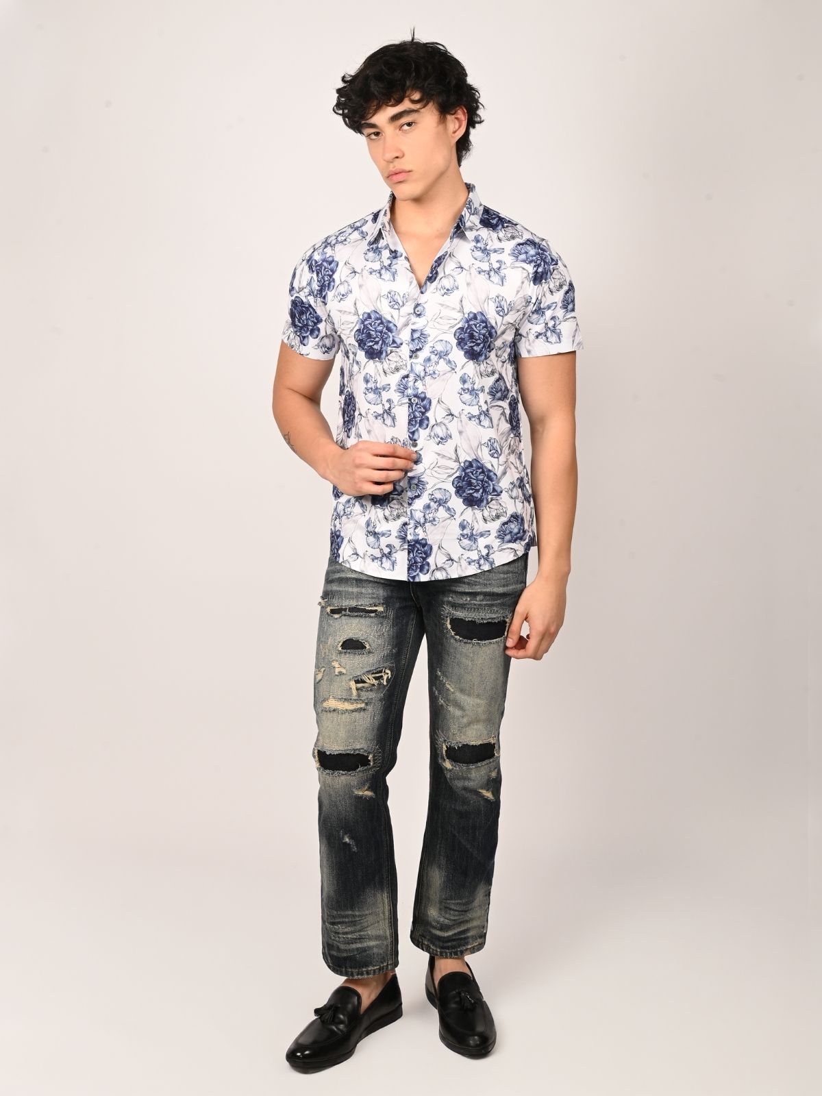 Franco White And Blue Polyster Printed Shirts For Men