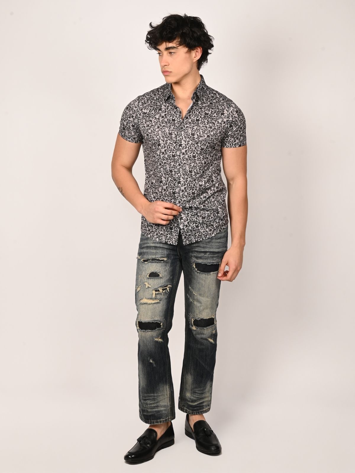 Franco Cream And Black Lycra Printed Shirts For Men
