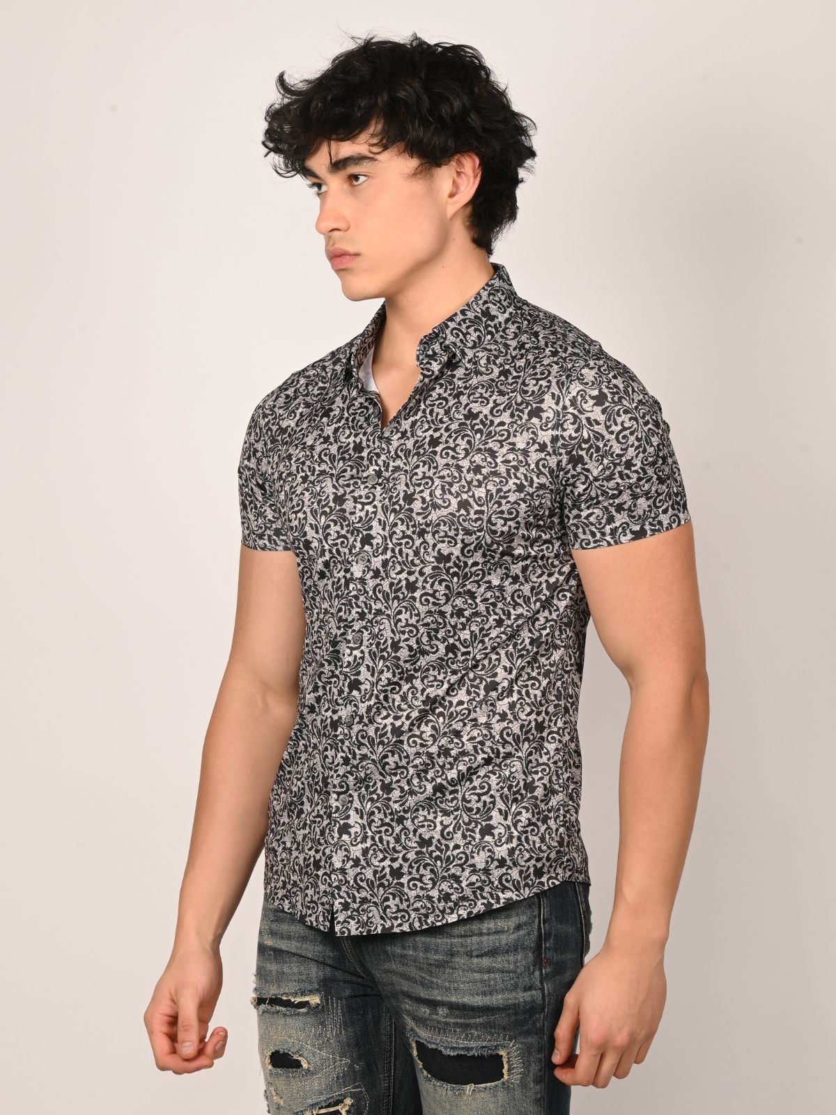 Franco Cream And Black Lycra Printed Shirts For Men