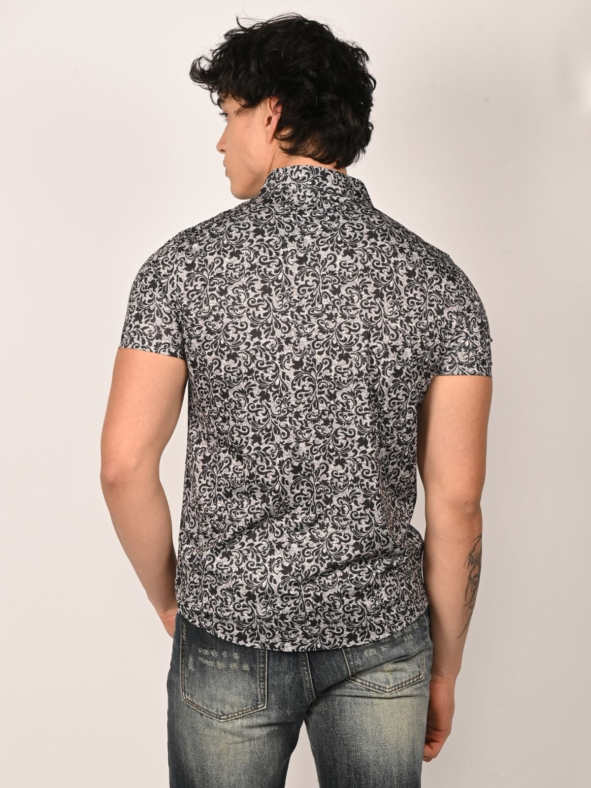 Franco Cream And Black Lycra Printed Shirts For Men