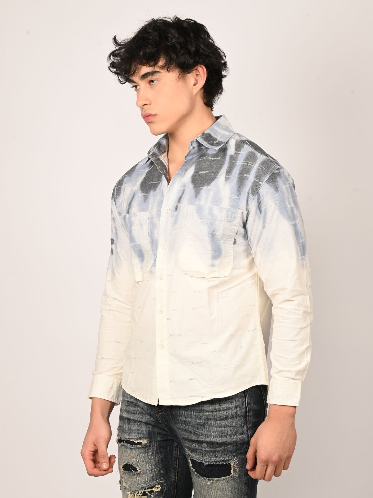 Franco White And Blue Cotton Dobby Tie-Dye Shirts For Men